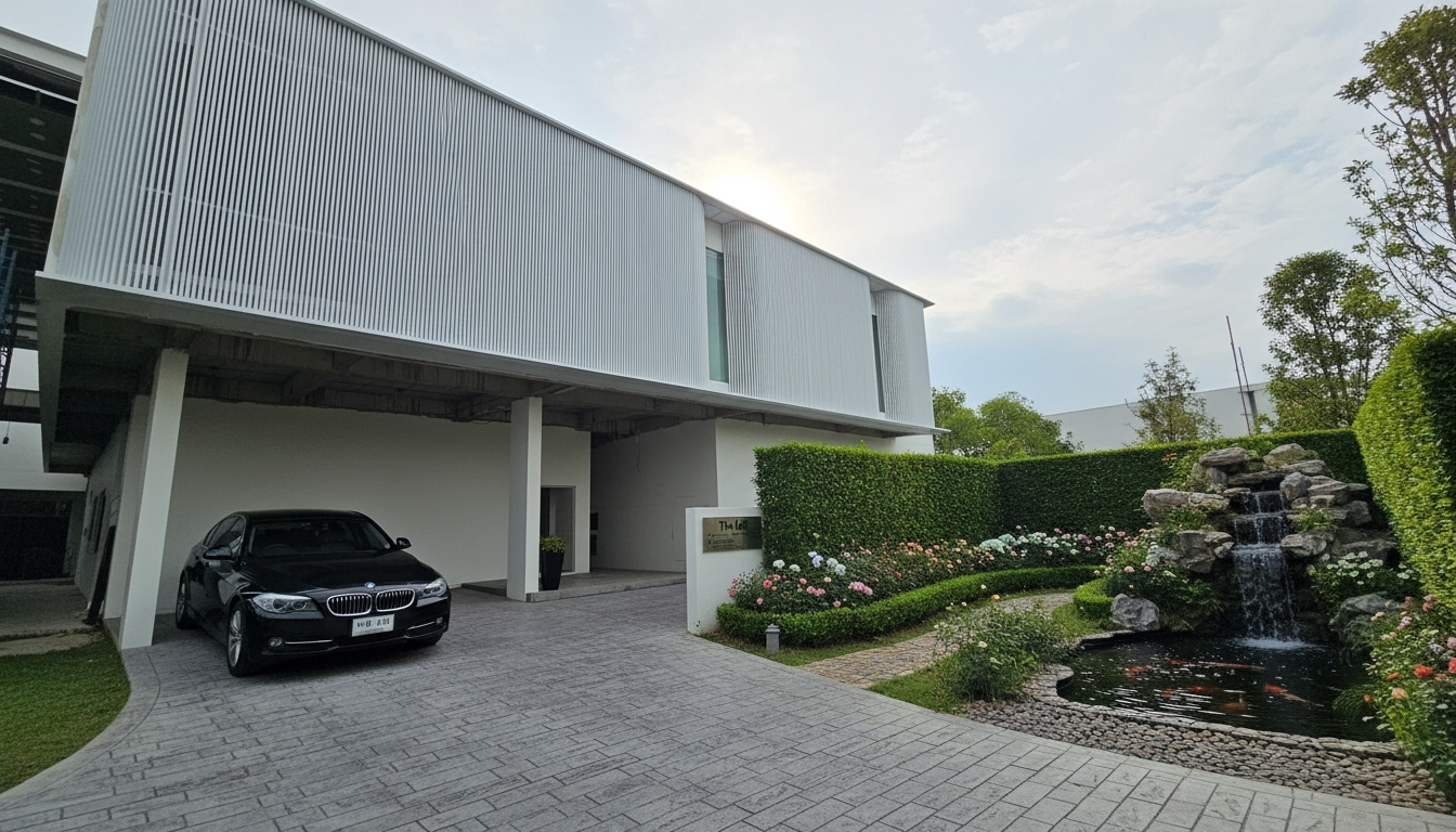 ฟาซาดโทนสีขาว ระแนงอลูมิเนียม